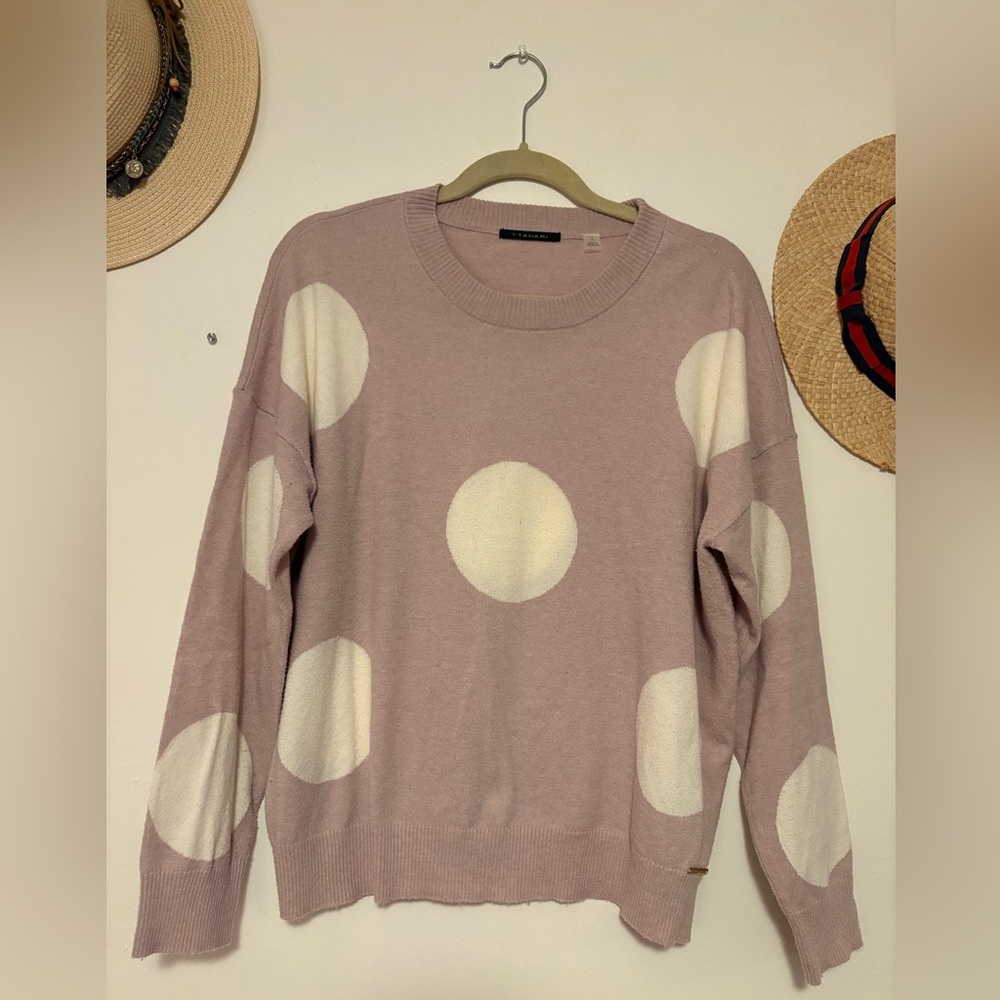 T Tahari Blush Pink Crewneck Sweater with Cream Polka Dots